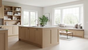 Renovated open-plan interior with a light oak kitchen island showing visible joinery, an ash built-in bookcase, and a custom window seat by a bay window, illuminated by soft natural daylight in a clean, modern palette.