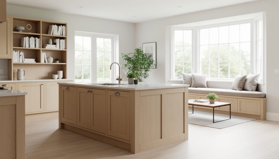 Renovated open-plan interior with a light oak kitchen island showing visible joinery, an ash built-in bookcase, and a custom window seat by a bay window, illuminated by soft natural daylight in a clean, modern palette.