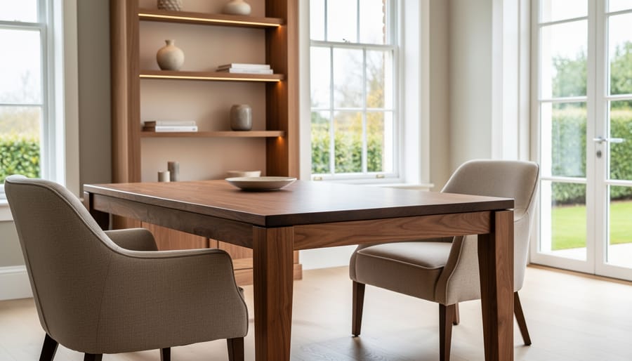 Custom oak dining table with visible joinery in bright staged dining room
