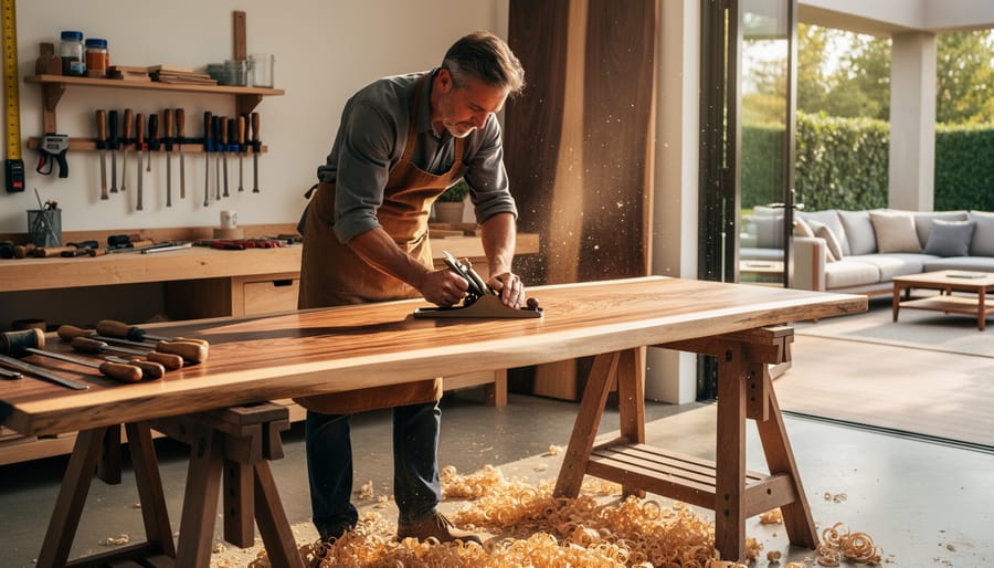Craftsman applying natural finish to custom ash wood shelving