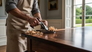 Close-up of a woodworker hand-planing a walnut table edge in a stately interior, soft daylight from tall sash windows with a blurred view of manicured gardens beyond.
