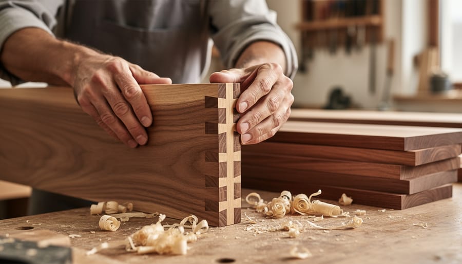Close-up of craftsman's hands working on mortise and tenon wood joint with chisel