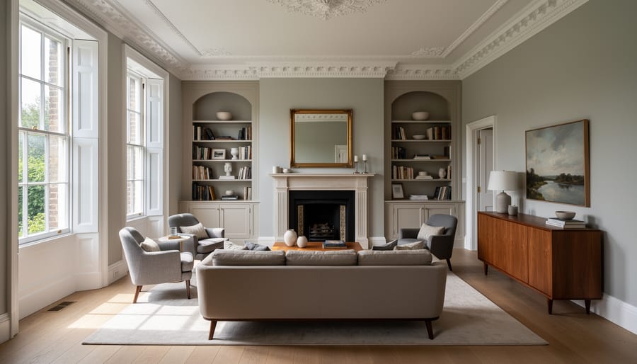 Custom light oak console table in staged Victorian terrace living room