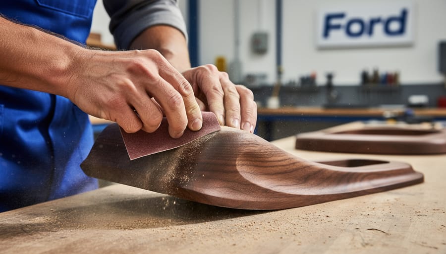 Cabinet maker sanding a walnut table leg in a woodworking workshop.
