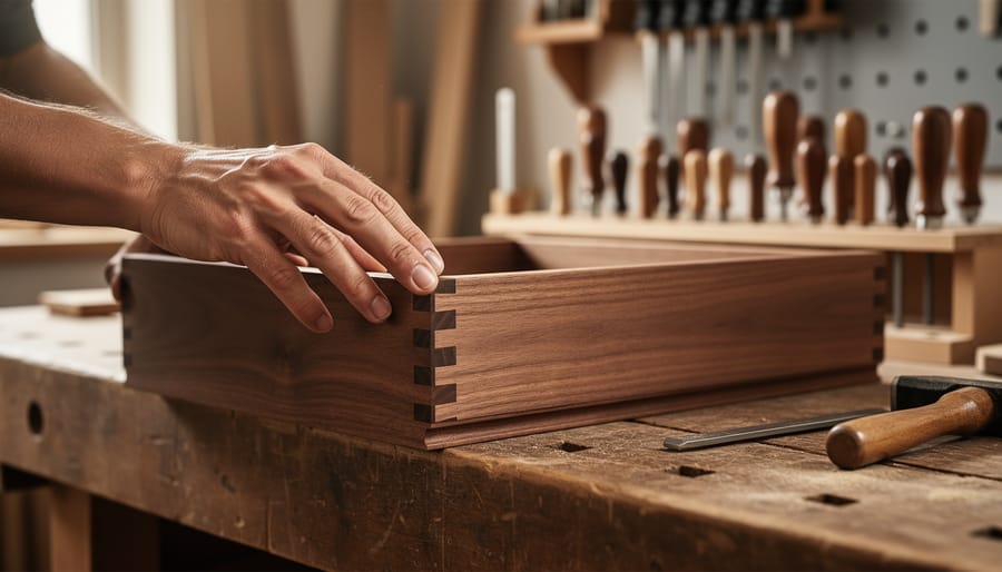 Close view of a woodworker’s hands fitting walnut cabinet joinery on a workbench, with organized workshop jigs and templates softly visible in the background.
