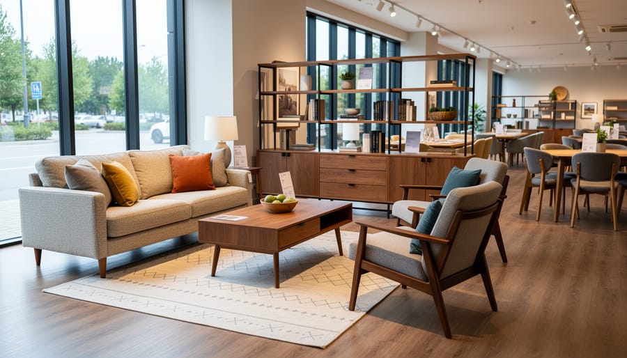 Finished walnut dining table and benches displayed in a bright workshop showroom.