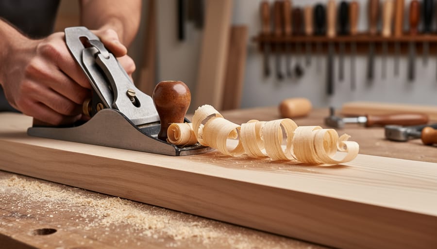 Close-up of wood shavings and a freshly planed timber surface on a workshop bench