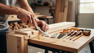 Student working on a simple wooden bench joint with a chisel on a compact workbench, surrounded by neatly arranged basic woodworking tools.