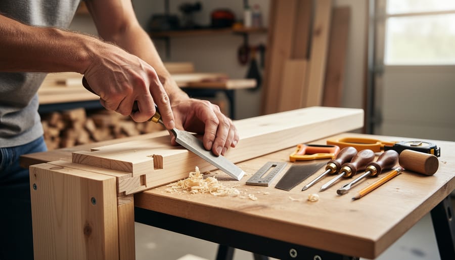Student working on a simple wooden bench joint with a chisel on a compact workbench, surrounded by neatly arranged basic woodworking tools.