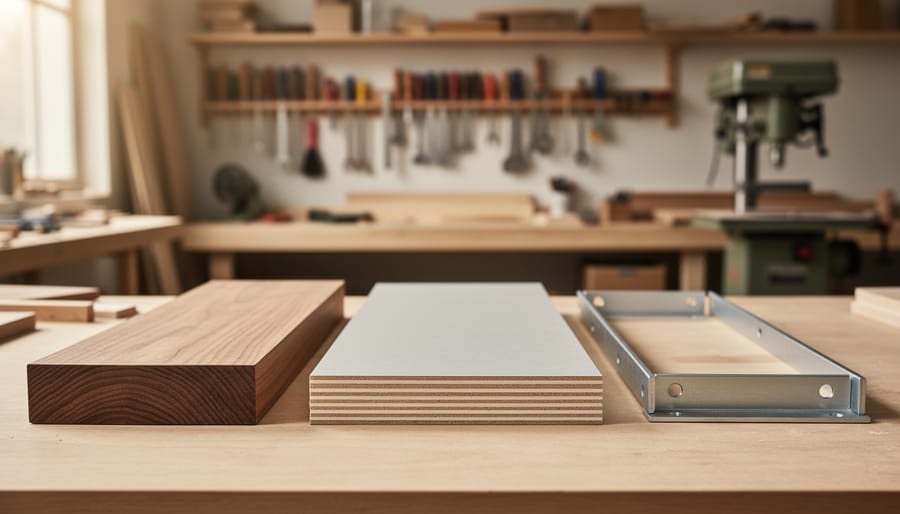 Close-up of solid wood plank, engineered board sheet, and metal bracket on a woodworking workbench, representing different furniture construction materials.