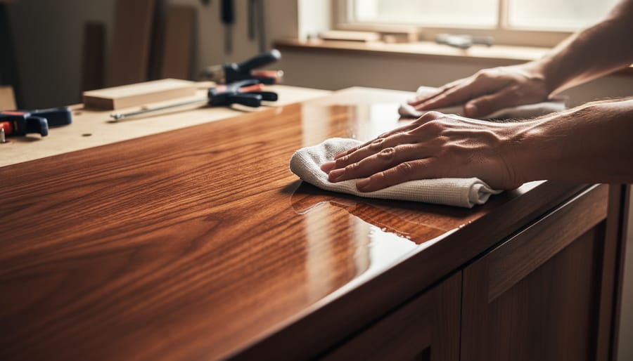 Hand applying clear finishing oil to a finished wooden bench or side table in a workshop