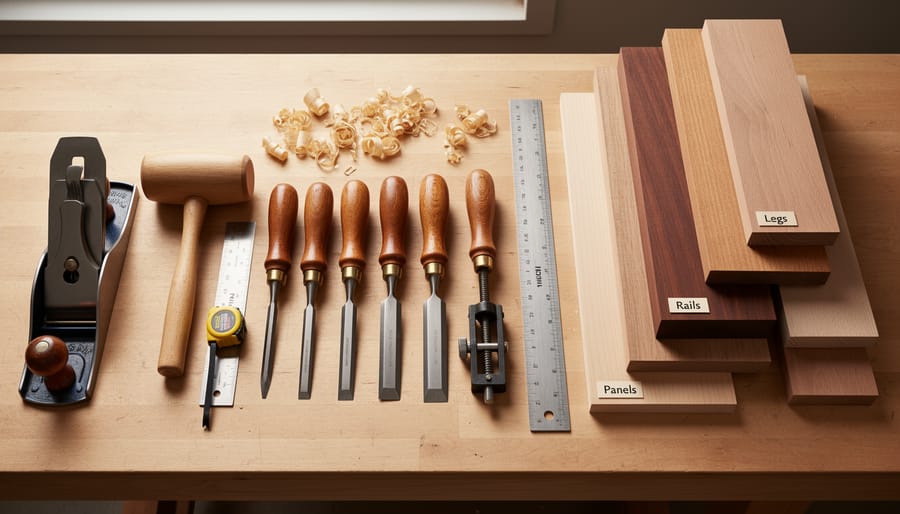 Hand woodworking tools and dimensional timber laid out on a workshop bench