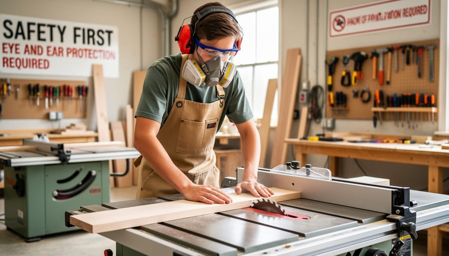 Student wearing protective eyewear while guiding wood on a table saw in a workshop