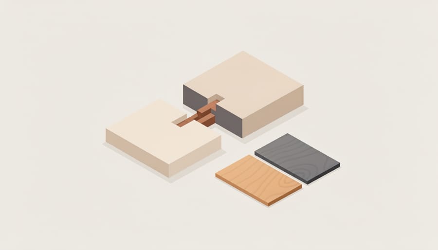 Wood joint sample with finishing surface drying and a caliper on a workshop bench