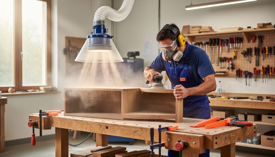 Woodworker wearing protective equipment using a saw with dust extraction in a workshop