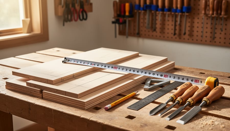 Workbench scene with a partially built side table, measuring tools, and sanded wooden panels