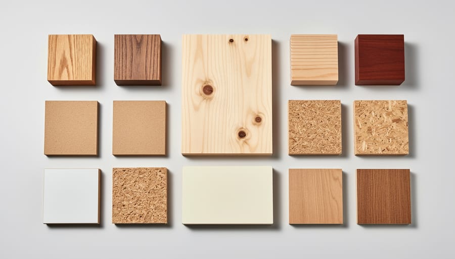 Workshop bench with solid hardwood boards, plywood, MDF, and a metal bracket arranged for furniture material selection