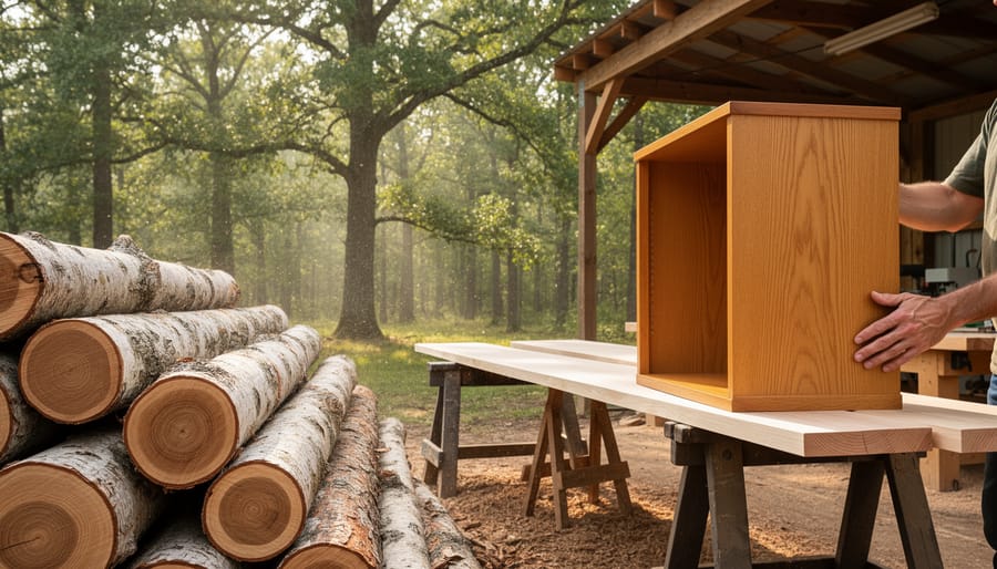 American white oak log outdoors with sunlight illuminating the wood interior and surrounding forest edge.