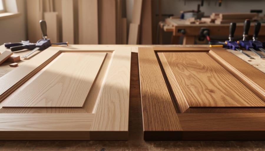 Close-up of two oak cabinet door panels side by side on a workshop bench, showing lighter American white oak tones and darker European oak tones with visible grain.