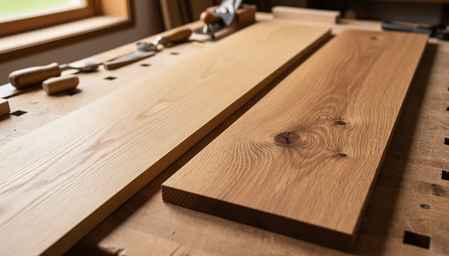 European oak and American white oak boards placed side by side on a workshop workbench.