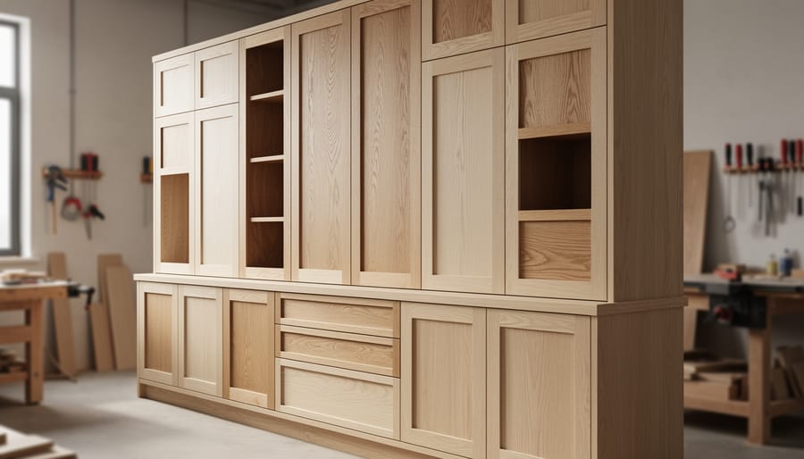 In-progress cabinet interior showing contrasting oak tones and visible wood grain on panels.