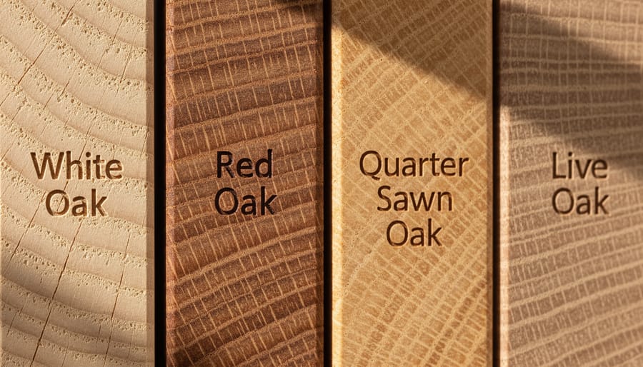 Macro view of oak endgrain held by a cabinetmaker, showing visible grain and ray details.